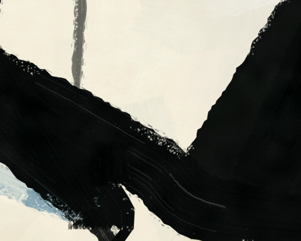 A black brush passage continuing between two neighboring paintings.